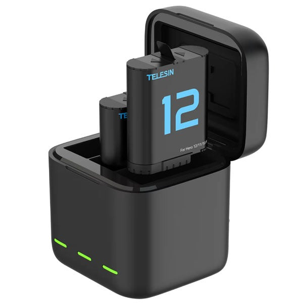Telesin 3-Slot Storage Battery Charger w/ 2 Batteries for GoPro Hero 12, 11, 10, 9 Cameras S0-BCG-04-TGP Telesin