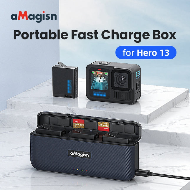 aMagisn 3-Slot Fast Charging Box for GoPro Hero 13 Batteries with SD Card Storage & USB-C PD3.0