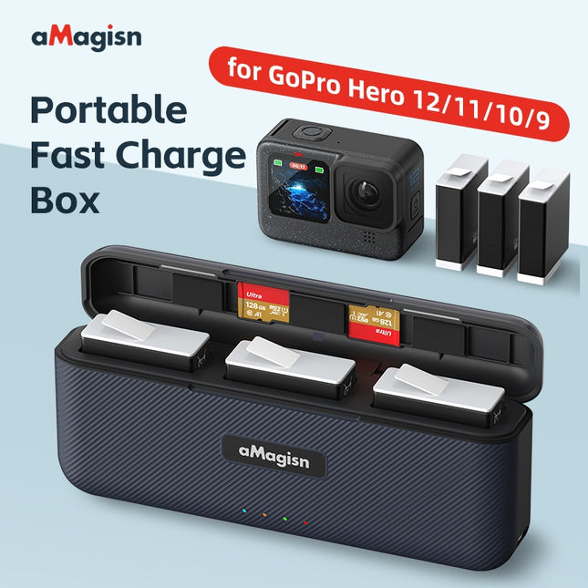 aMagisn 3-Slot Portable Charger for GoPro Hero 12 11 10 9 - Fast Charging, SD Card Storage, Compact