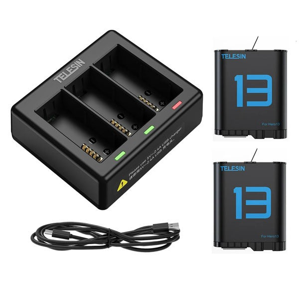 Telesin 3-Slot Battery Charging Hub w/ 2 Arc Batteries for Gopro Hero 13 Camera S0-ECB-07-TGP Telesin