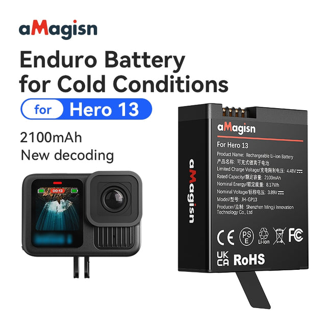aMagisn Cold Weather Battery for GoPro Hero 13 – 2100mAh High Endurance Backup Pack