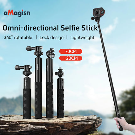 aMagisn Selfie Stick for Action Cameras - Tripod Head & 3-Prong Mount Rotatable 70/120cm Monopod