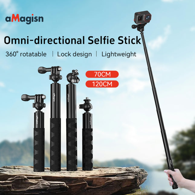 aMagisn Selfie Stick for Action Cameras - Tripod Head & 3-Prong Mount Rotatable 70/120cm Monopod