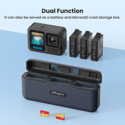 aMagisn 3-Slot Fast Charging Box for GoPro Hero 13 Batteries with SD Card Storage & USB-C PD3.0