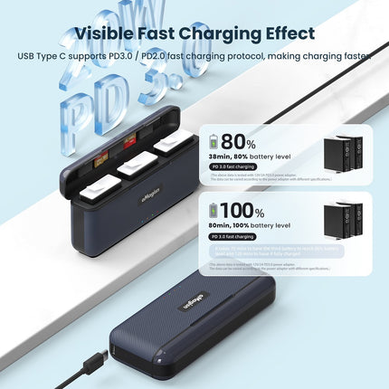 aMagisn 3-Slot Portable Charger for GoPro Hero 12 11 10 9 - Fast Charging, SD Card Storage, Compact