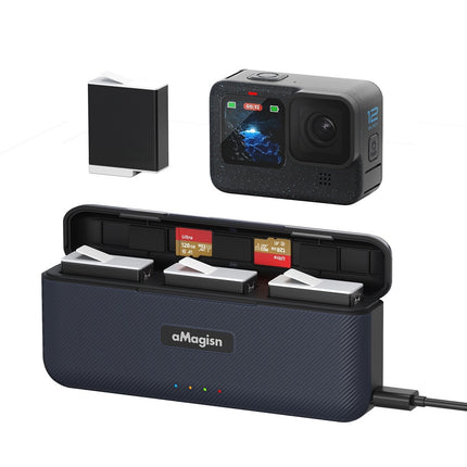 aMagisn 3-Slot Portable Charger for GoPro Hero 12 11 10 9 - Fast Charging, SD Card Storage, Compact