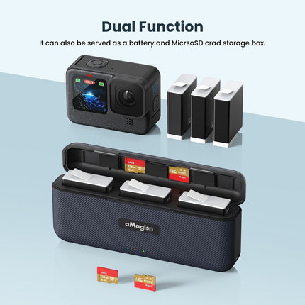 aMagisn 3-Slot Portable Charger for GoPro Hero 12 11 10 9 - Fast Charging, SD Card Storage, Compact