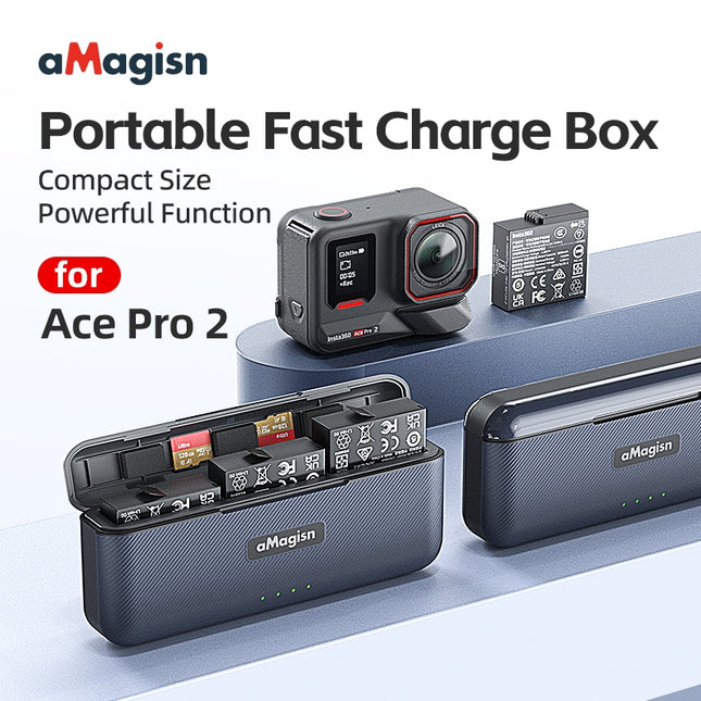 aMagisn Portable Fast Charging Box for Insta360 Ace Pro 2 Batteries and SD Cards Organizer