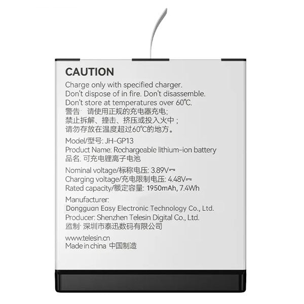 Telesin 1950mAh Stamina Rechargeable Battery Replacement for Gopro Hero 13 Camera S0-BTR-04-TGP Telesin