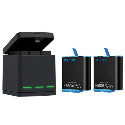 Telesin 3-Slot Storage Battery Charger w/ 2 Batteries for Gopro Hero 8, 7, 6, 5 Cameras  BTR-802-B
